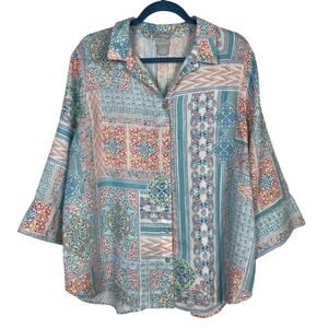 Chico’s Linen Mosaic Print Button Down Top Size 3 (XL) Pastel Blue Multi Boho